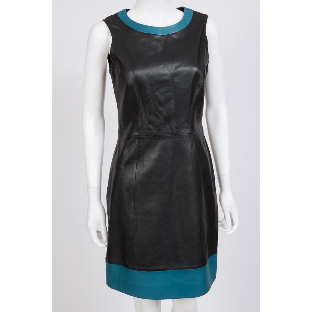 Vakko Black and Blue Sleeveless Leather Sheath Dress sz 4 fits 6